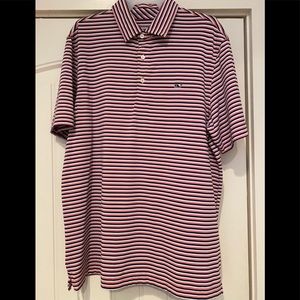 Vineyard Vines Men’s Medium performance pink, navy and white striped polo.